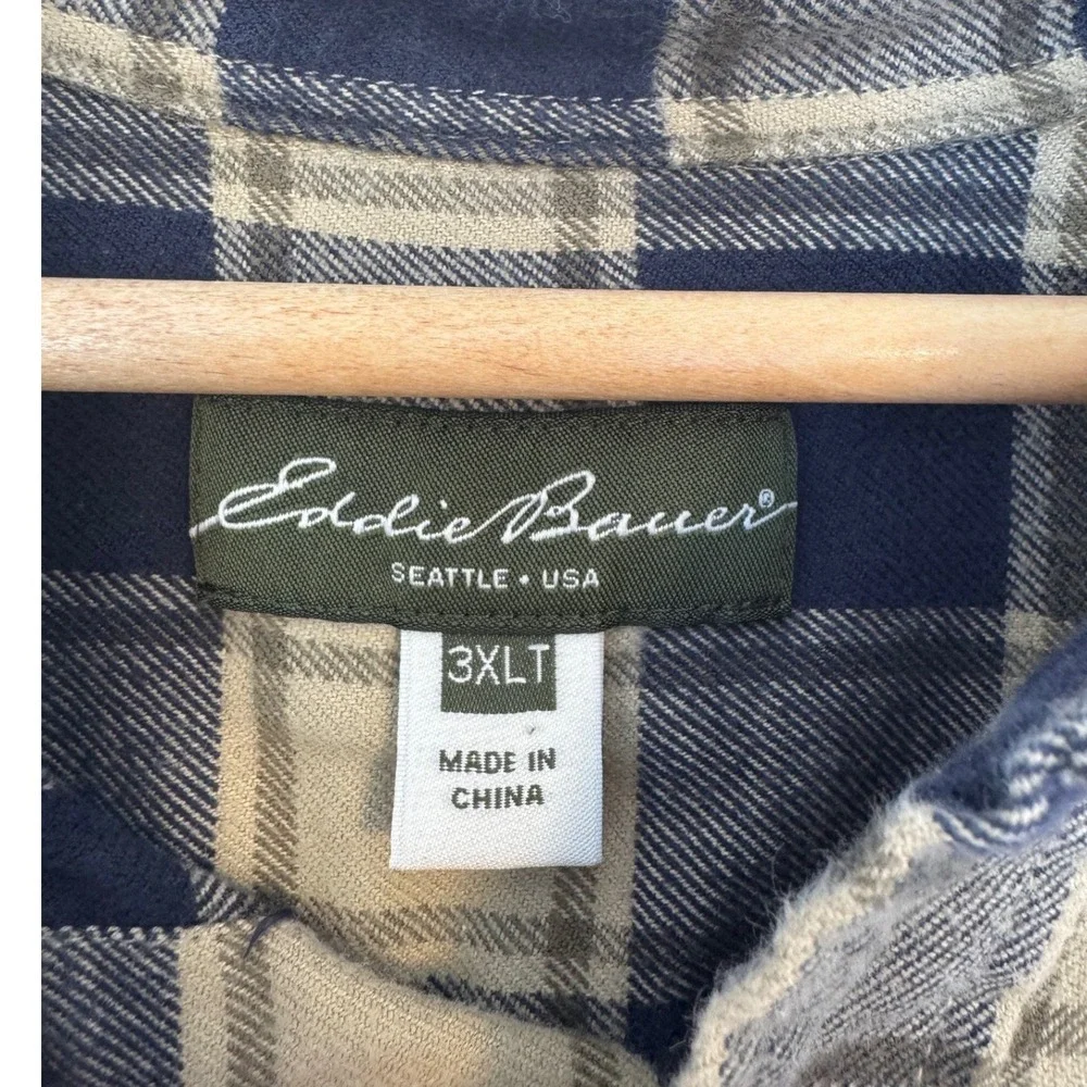 Outdoorsy Eddie Bauer Mens‎ 3XLT Flannel Shirt Navy Tan Plaid Long Sleeve Tall
